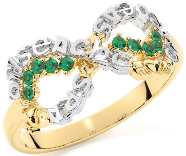 Emerald White Yellow Gold Claddagh Infinity Irish 