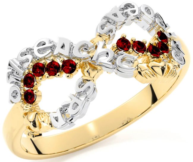 Garnet White Yellow Gold Claddagh Infinity Irish 