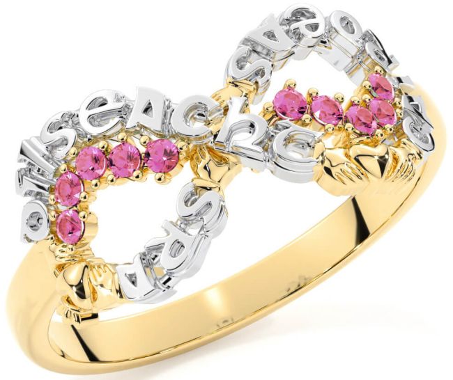 Pink Tourmaline White Yellow Gold Claddagh Infinity Irish 