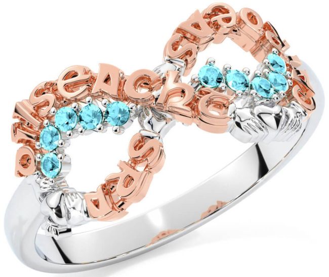 Aquamarine White Rose Gold Claddagh Infinity Irish 