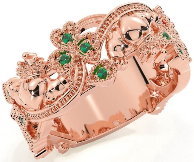 Emerald Rose Gold Silver Claddagh Shamrock Ring