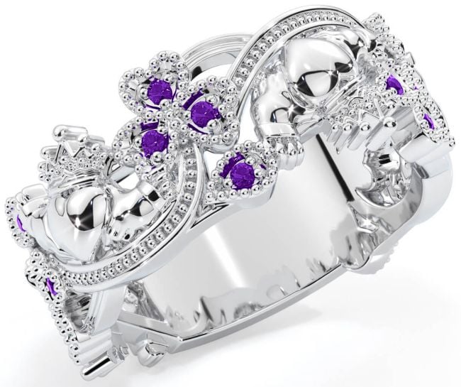 Amethyst Silver Claddagh Shamrock Ring