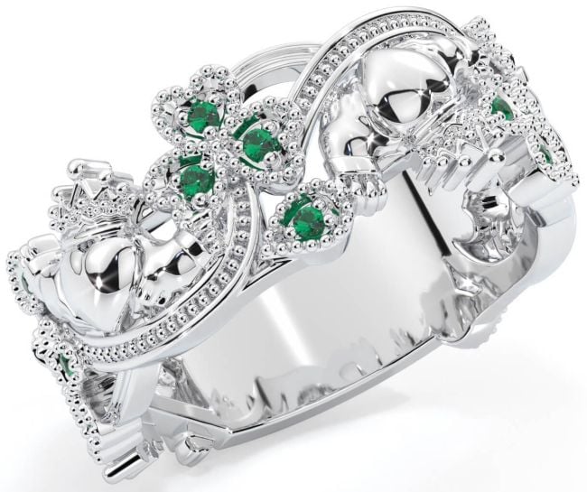 Emerald Silver Claddagh Shamrock Ring