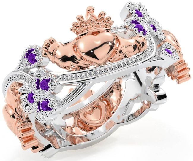 Amethyst Rose Gold Silver Claddagh Shamrock Ring