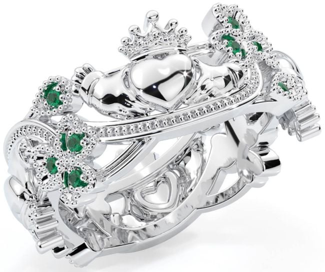 Emerald Silver Claddagh Shamrock Ring