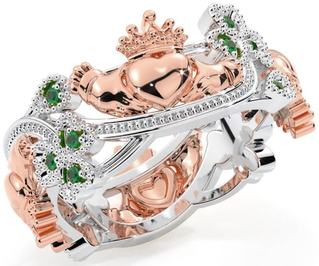 Emerald White Rose Gold Claddagh Shamrock Ring