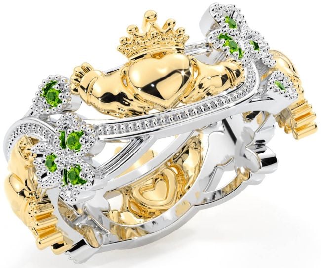 Peridot White Yellow Gold Claddagh Shamrock Ring