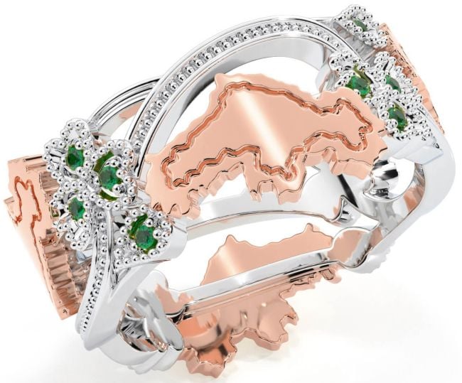 Emerald Rose Gold Silver Map of Ireland Shamrock Ring