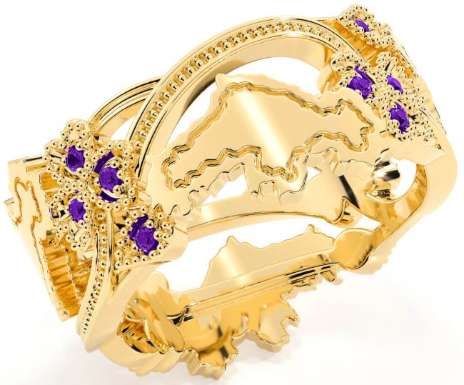 Amethyst Gold Map of Ireland Shamrock Ring