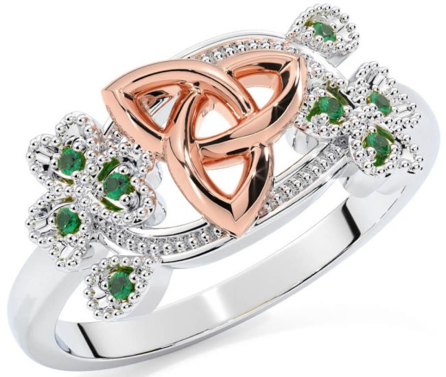 Emerald Rose Gold Silver Shamrock Celtic Trinity Knot Ring