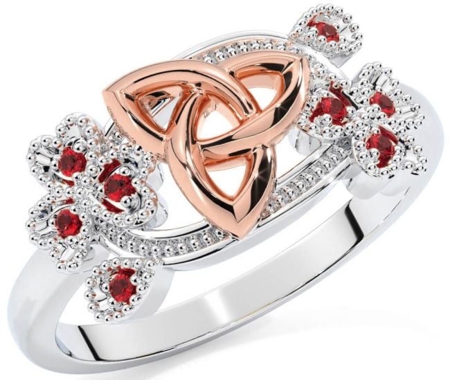 Ruby Rose Gold Silver Shamrock Celtic Trinity Knot Ring