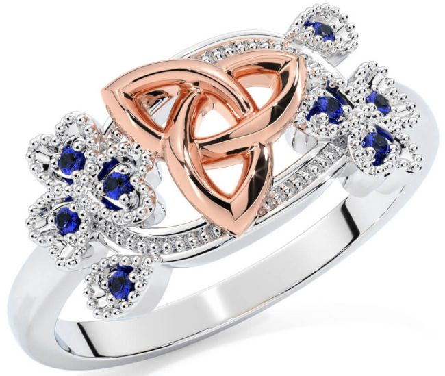 Sapphire Rose Gold Silver Shamrock Celtic Trinity Knot Ring