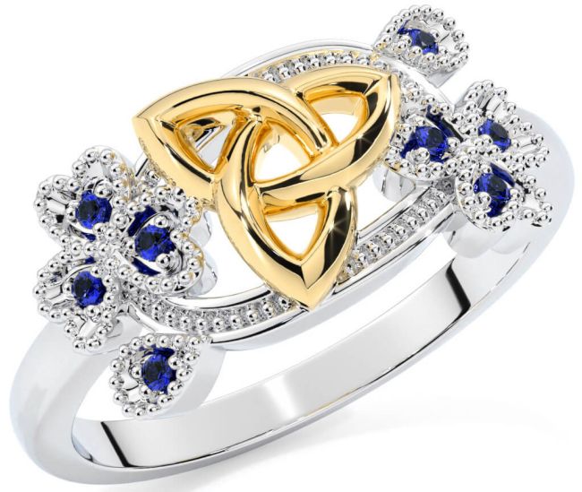 Sapphire Gold Silver Shamrock Celtic Trinity Knot Ring