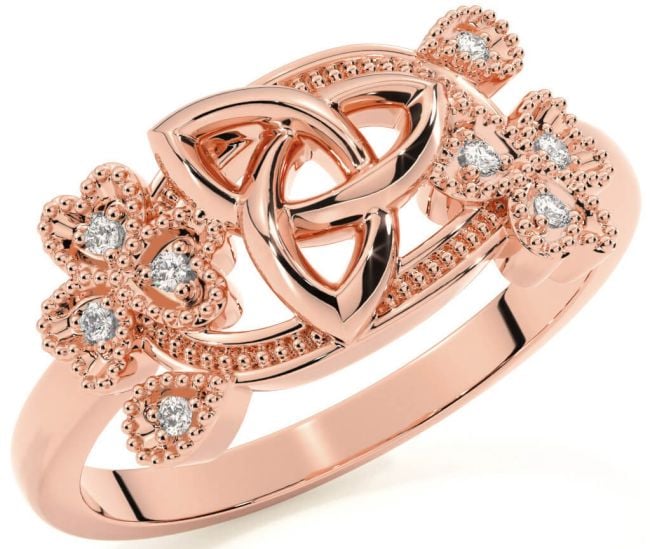 Diamond Rose Gold Silver Shamrock Celtic Trinity Knot Ring