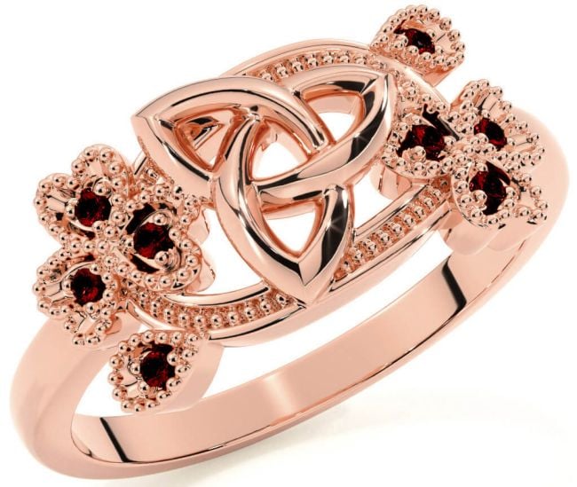 Garnet Rose Gold Silver Shamrock Celtic Trinity Knot Ring