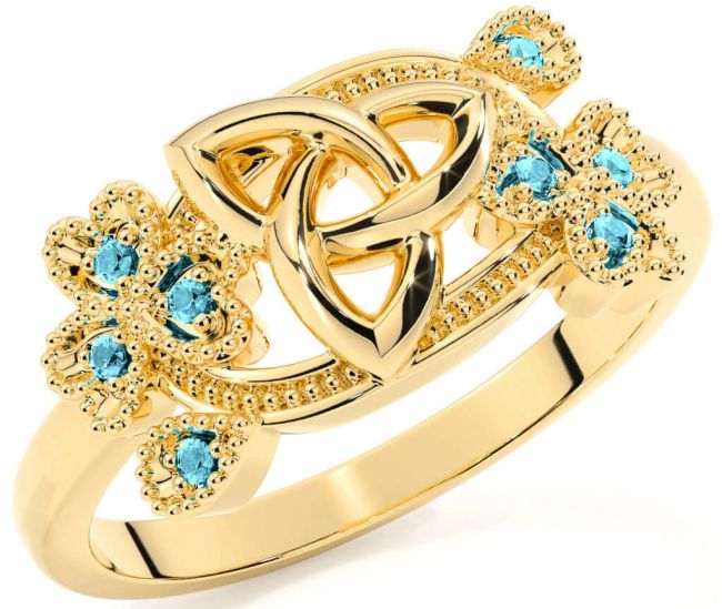 Aquamarine Gold Silver Shamrock Celtic Trinity Knot Ring