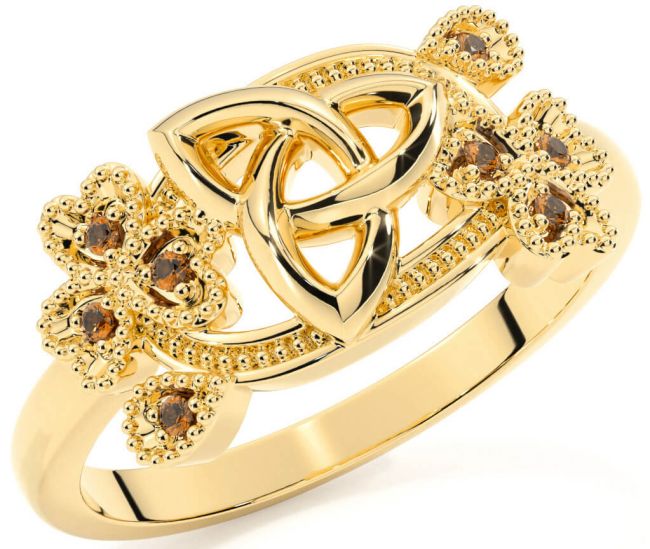 Citrine Gold Silver Shamrock Celtic Trinity Knot Ring