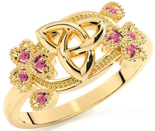 Pink Tourmaline Gold Silver Shamrock Celtic Trinity Knot Ring