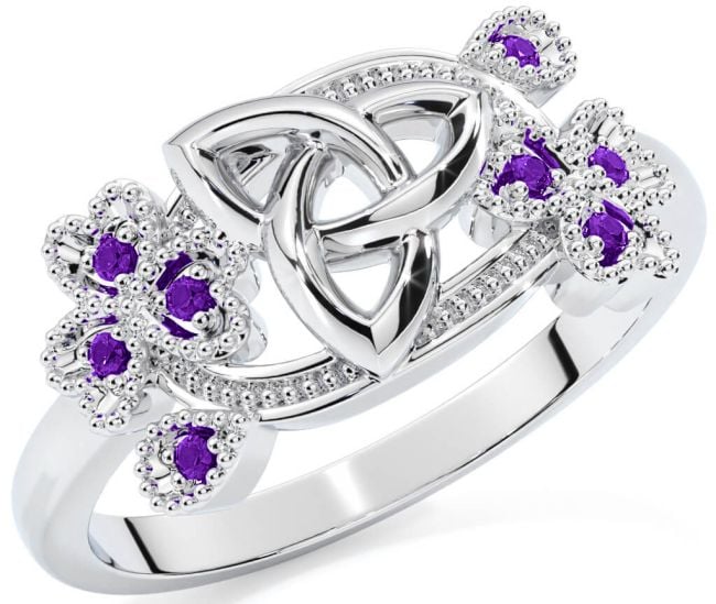 Amethyst Silver Shamrock Celtic Trinity Knot Ring