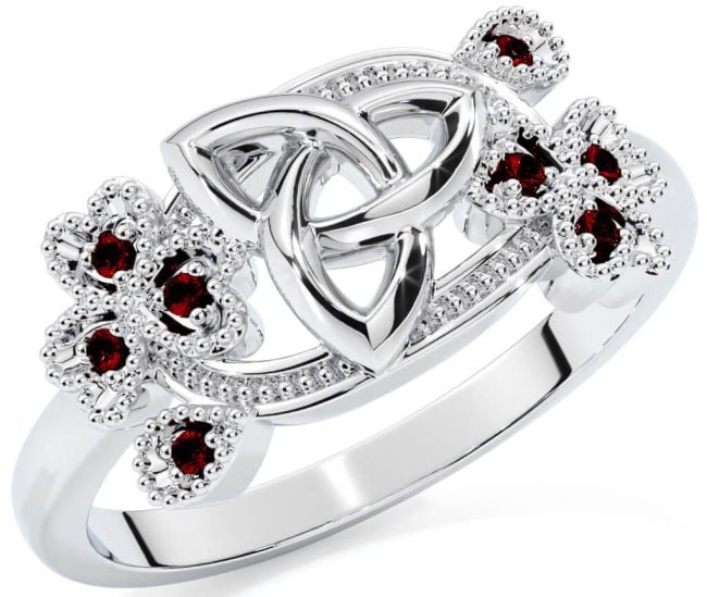 Garnet Silver Shamrock Celtic Trinity Knot Ring