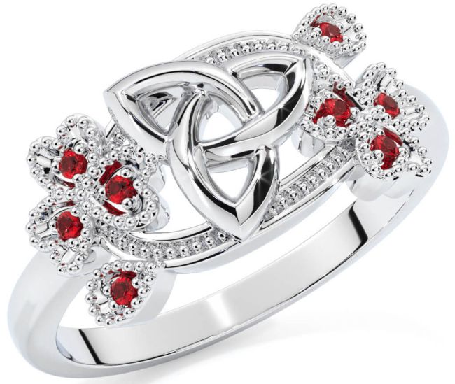 Ruby Silver Shamrock Celtic Trinity Knot Ring