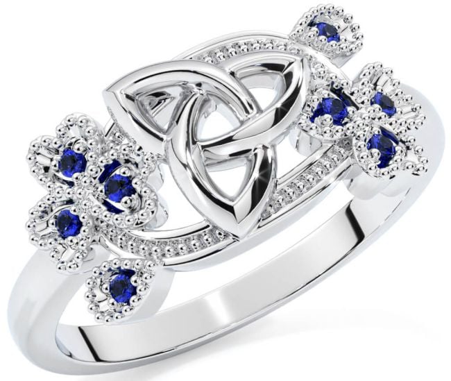 Sapphire Silver Shamrock Celtic Trinity Knot Ring