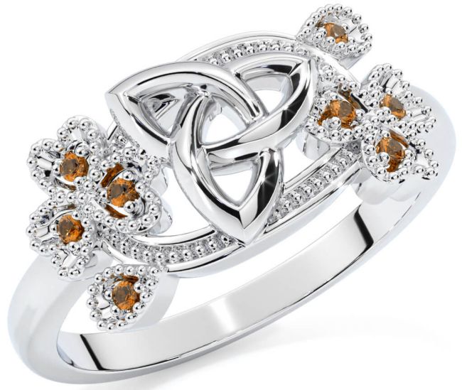 Citrine White Gold Shamrock Celtic Trinity Knot Ring