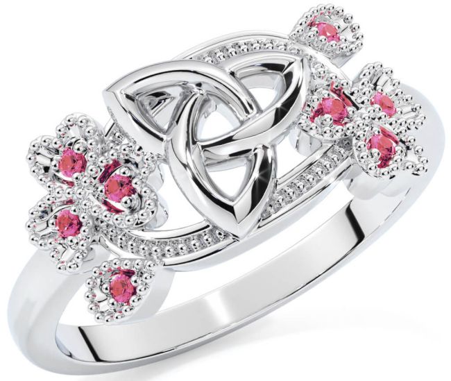 Pink Tourmaline White Gold Shamrock Celtic Trinity Knot Ring