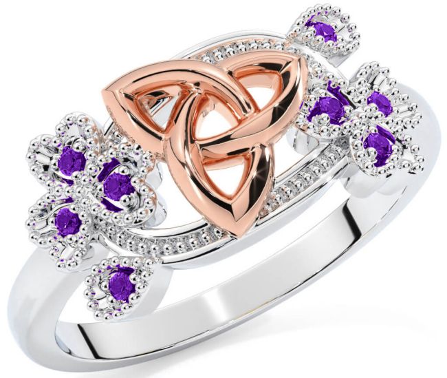 Amethyst White Rose Gold Shamrock Celtic Trinity Knot Ring