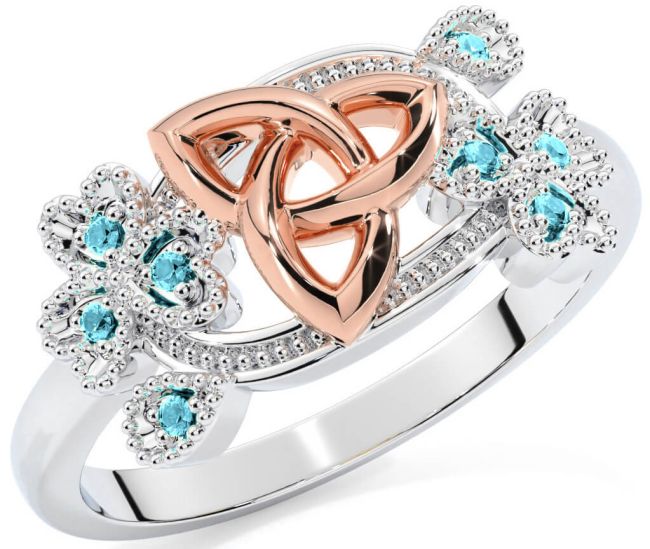 Aquamarine White Rose Gold Shamrock Celtic Trinity Knot Ring