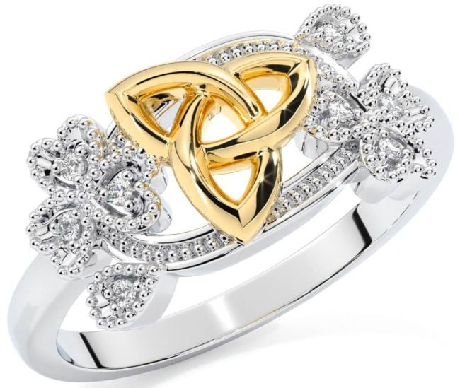 Diamond White Yellow Gold Shamrock Celtic Trinity Knot Ring