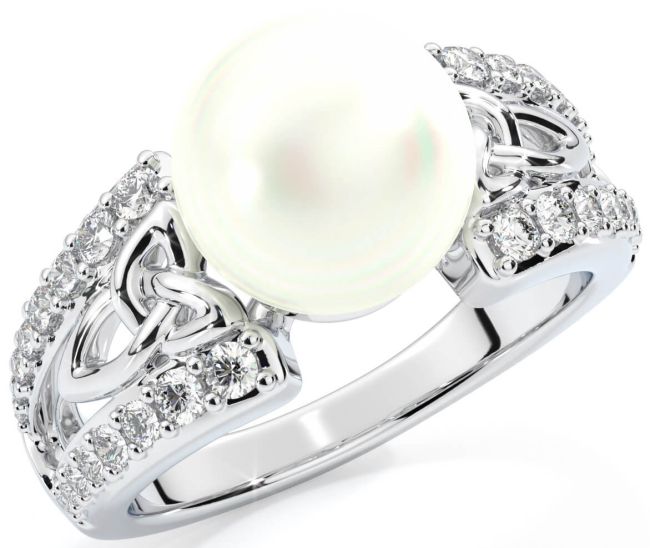 Diamond Silver Celtic Trinity Knot Pearl Ring