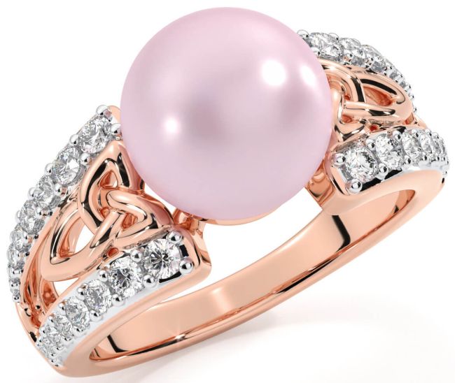 Diamond Rose Gold Celtic Trinity Knot Pearl Ring