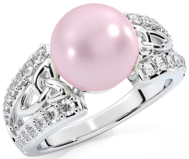 Diamond White Gold Celtic Trinity Knot Pearl Ring