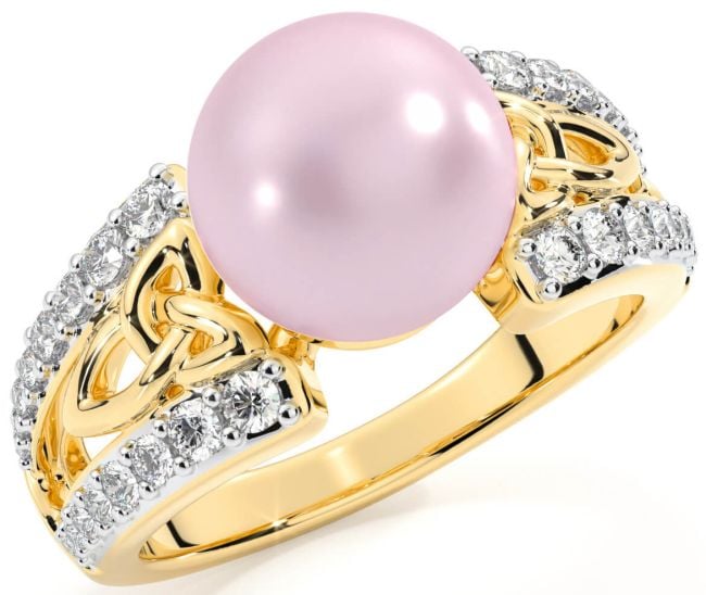 Diamond Gold Celtic Trinity Knot Pearl Ring