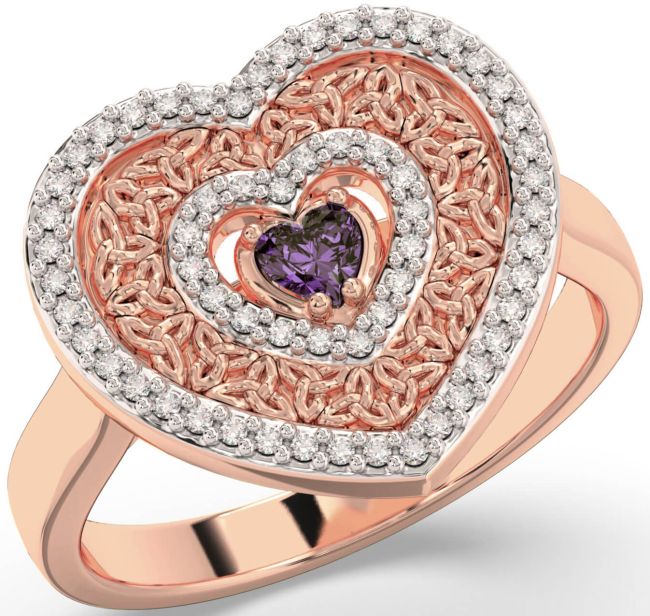 Diamond Alexandrite Rose Gold Silver Celtic Trinity Knot Heart Ring