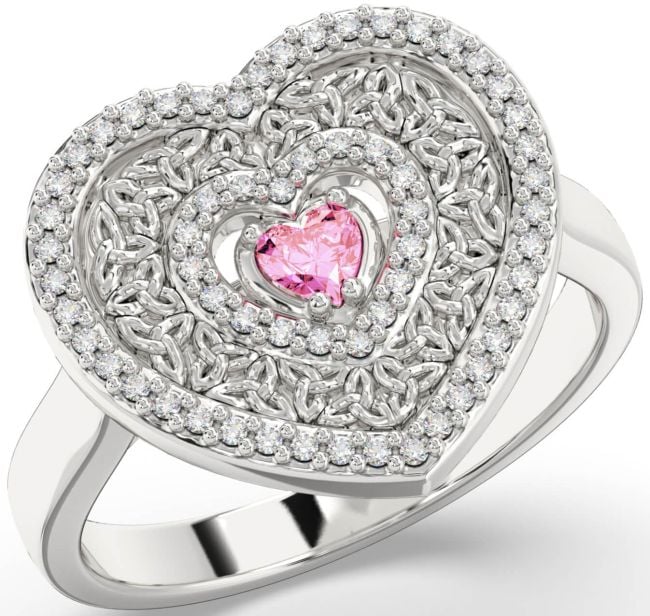 Diamond Pink Tourmaline Silver Celtic Trinity Knot Heart Ring