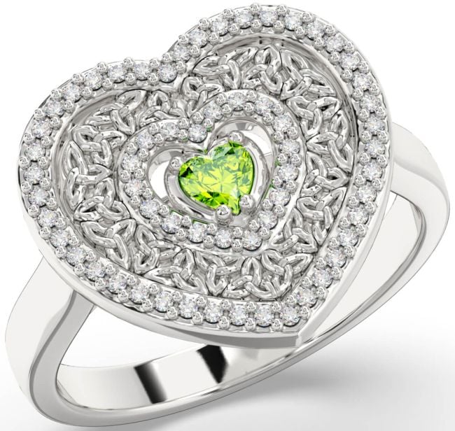 Diamond Peridot Silver Celtic Trinity Knot Heart Ring