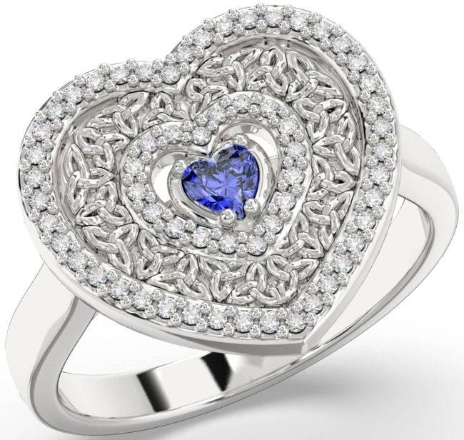 Diamond Sapphire Silver Celtic Trinity Knot Heart Ring