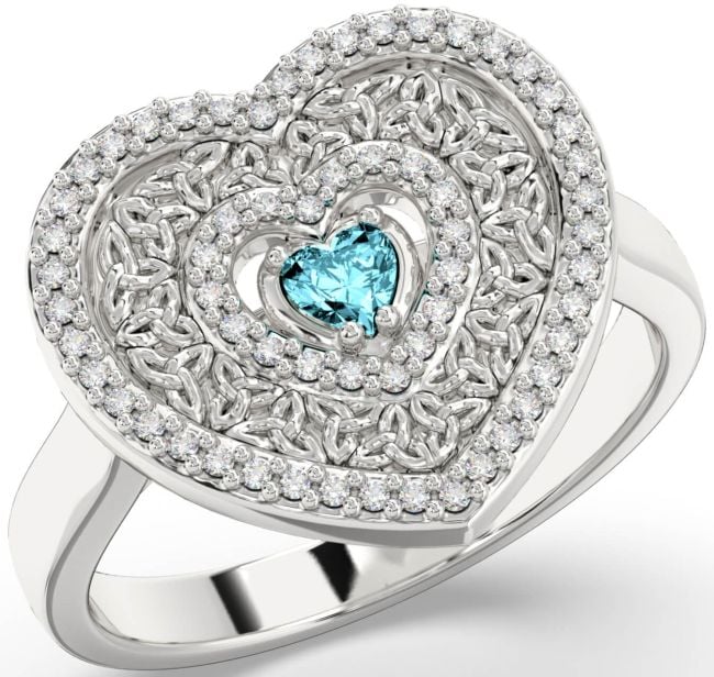 Diamond Aquamarine White Gold Celtic Trinity Knot Heart Ring