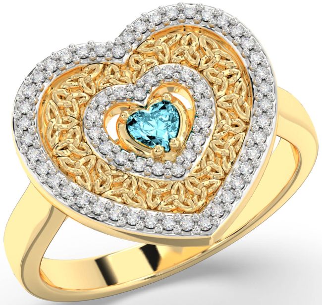 Diamond Aquamarine Gold Celtic Trinity Knot Heart Ring