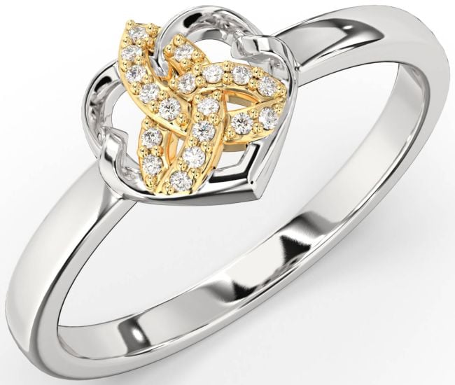 Diamond White Yellow Gold Celtic Trinity Knot Heart Ring