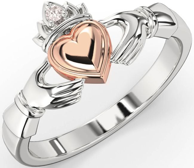 Diamond Rose Gold Silver Claddagh Ring