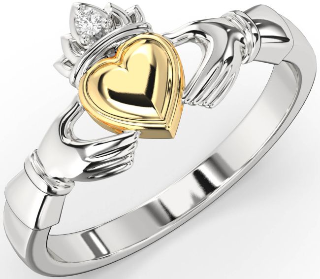 Diamond White Yellow Gold Claddagh Ring