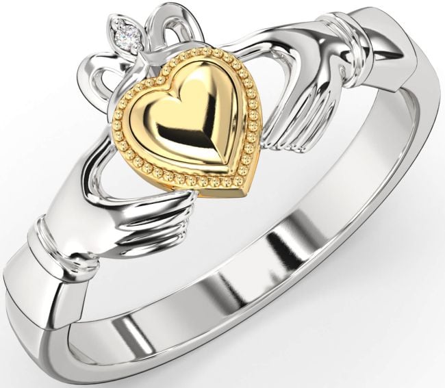 Diamond Gold Silver Claddagh Ring