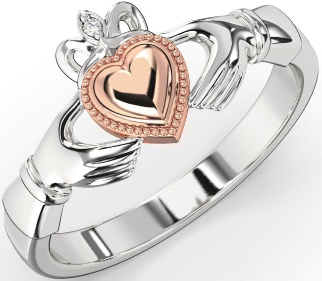 Diamond Rose Gold Silver Claddagh Ring