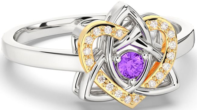 Diamond Amethyst Gold Silver Celtic Trinity Knot Heart Ring