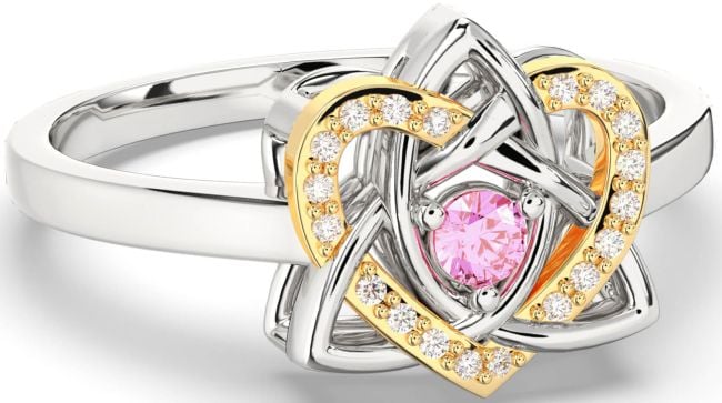 Diamond Pink Tourmaline Gold Silver Celtic Trinity Knot Heart Ring