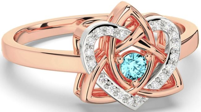 Diamond Aquamarine Rose Gold Silver Celtic Trinity Knot Heart Ring