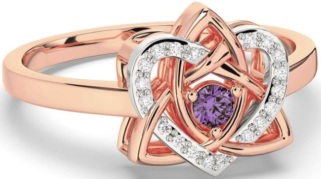 Diamond Alexandrite Rose Gold Silver Celtic Trinity Knot Heart Ring